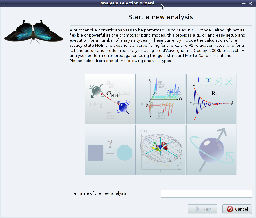 Screenshot of the graphical user inteface (GUI) analysis wizard of the program relax (software for NMR dynamics analyses, specifically: Model-free, NMR relaxation (R1, R2, NOE), reduced spectral density mapping, N-state models, frame order theory).