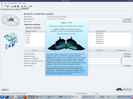 Screenshot of the graphical user inteface (GUI) about relax screen of the program relax (software for NMR dynamics analyses, specifically: Model-free, NMR relaxation (R1, R2, NOE), reduced spectral density mapping, N-state models, frame order theory).