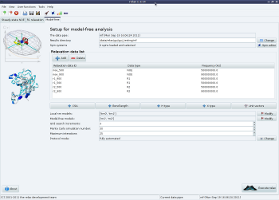Screenshot of the graphical user inteface (GUI) model-free anlaysis tab of the program relax (software for NMR dynamics analyses, specifically: Model-free, NMR relaxation (R1, R2, NOE), reduced spectral density mapping, N-state models, frame order theory).