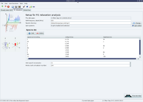 Screenshot of the graphical user inteface (GUI) R1 anlaysis tab of the program relax (software for NMR dynamics analyses, specifically: Model-free, NMR relaxation (R1, R2, NOE), reduced spectral density mapping, N-state models, frame order theory).