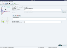 Screenshot of the graphical user inteface (GUI) R2 anlaysis tab of the program relax (software for NMR dynamics analyses, specifically: Model-free, NMR relaxation (R1, R2, NOE), reduced spectral density mapping, N-state models, frame order theory).