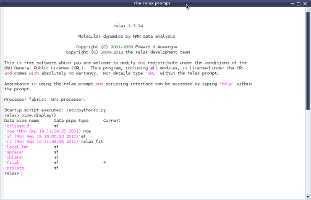 Screenshot of the graphical user inteface (GUI) relax prompt window of the program relax (software for NMR dynamics analyses, specifically: Model-free, NMR relaxation (R1, R2, NOE), reduced spectral density mapping, N-state models, frame order theory).