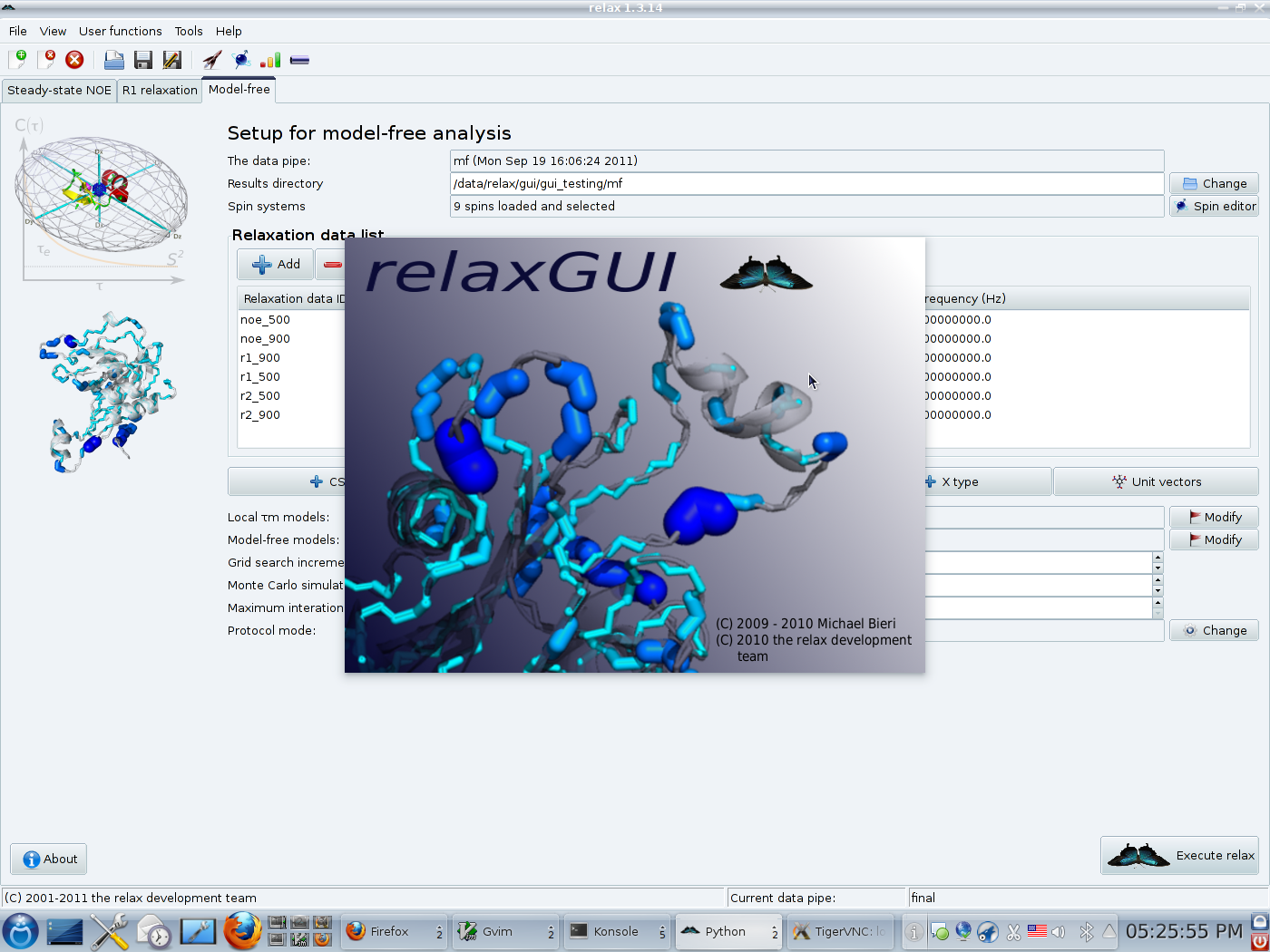 Screenshot of the graphical user inteface (GUI) about GUI screen of the program relax (software for NMR dynamics analyses, specifically: Model-free, NMR relaxation (R1, R2, NOE), reduced spectral density mapping, N-state models, frame order theory).
