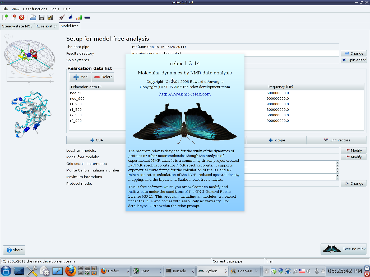 Screenshot of the graphical user inteface (GUI) about relax screen of the program relax (software for NMR dynamics analyses, specifically: Model-free, NMR relaxation (R1, R2, NOE), reduced spectral density mapping, N-state models, frame order theory).